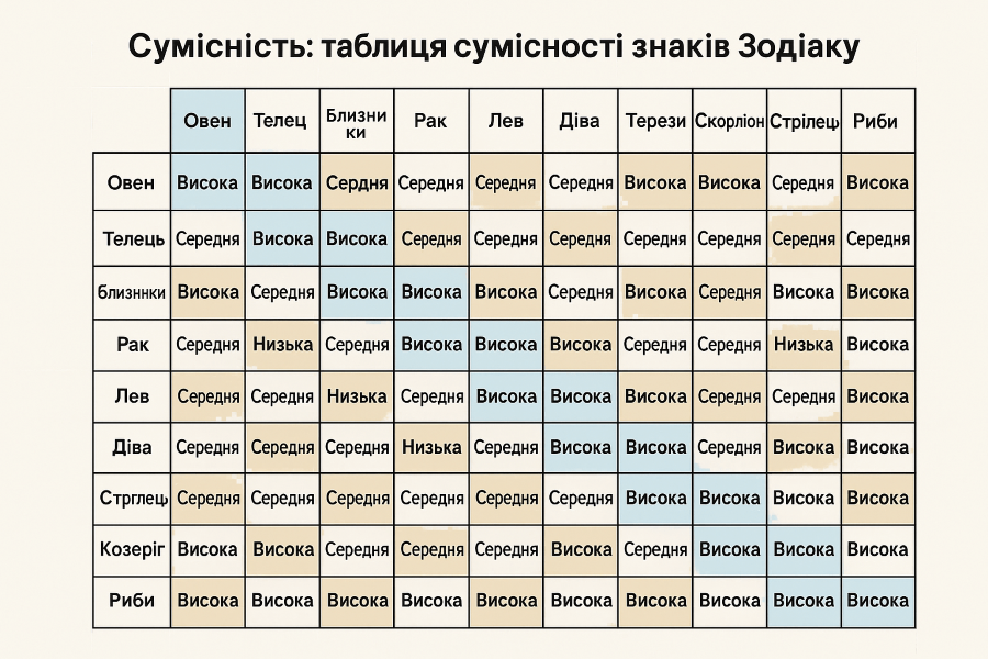 Таблиця сумісності знаків зодіаку